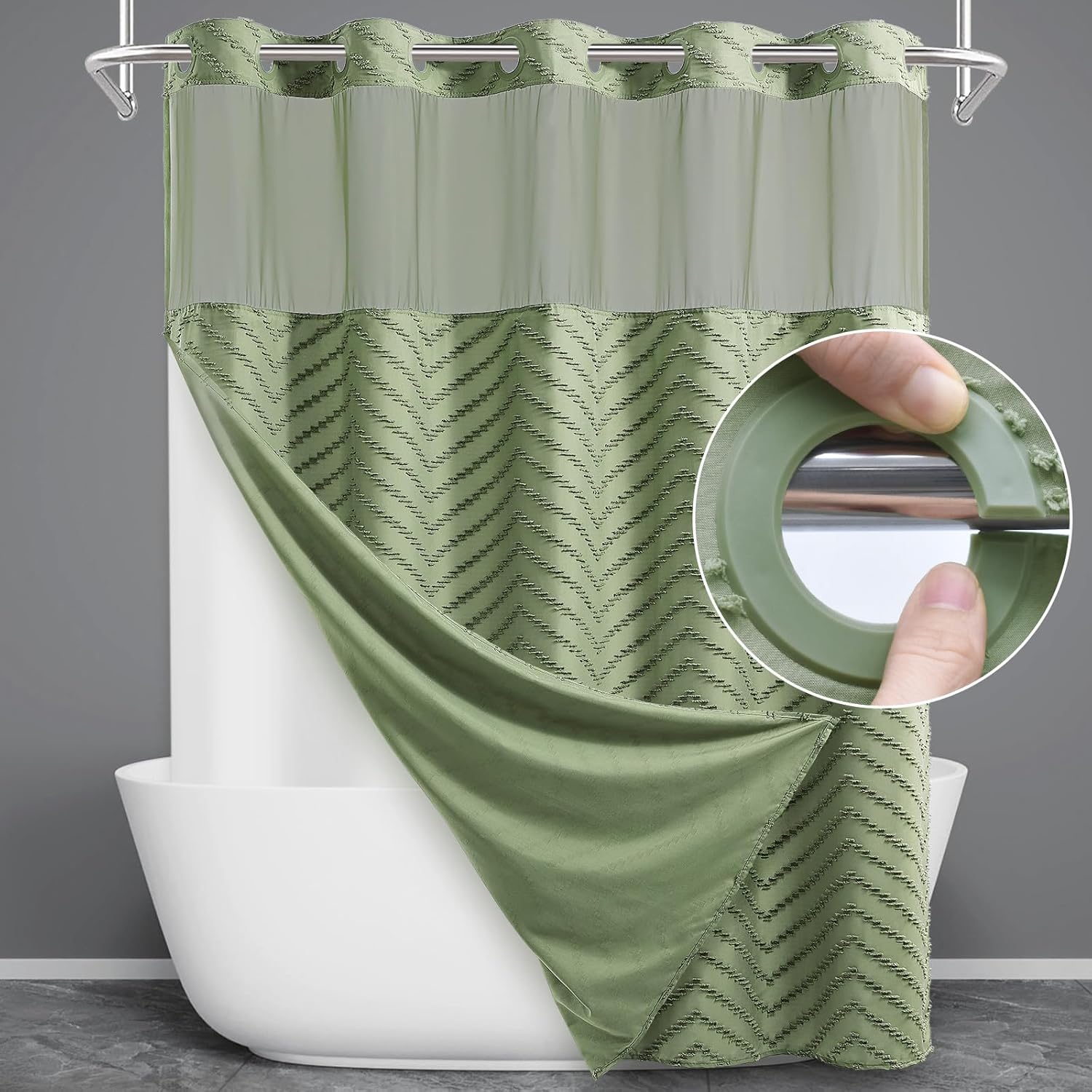 No Hook Shower Curtain with Snap in Liner, Tufted Chevron Striped Shower Curtain Set for Bathroom, Boho Waterproof and Washable Shower Curtains,71Wx74H, Sage Green